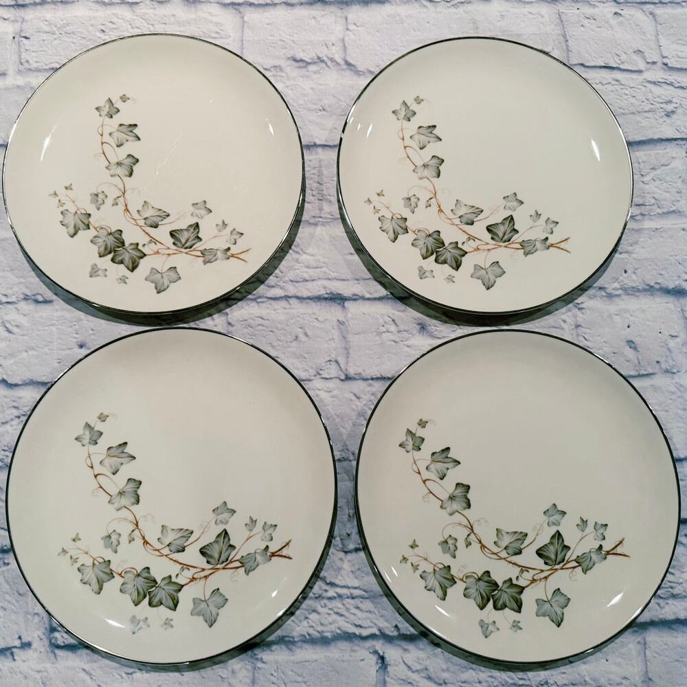 Embassy Vitrified China Springs of Ivy EMB76 4 Dinner Plates w Platinum Trim